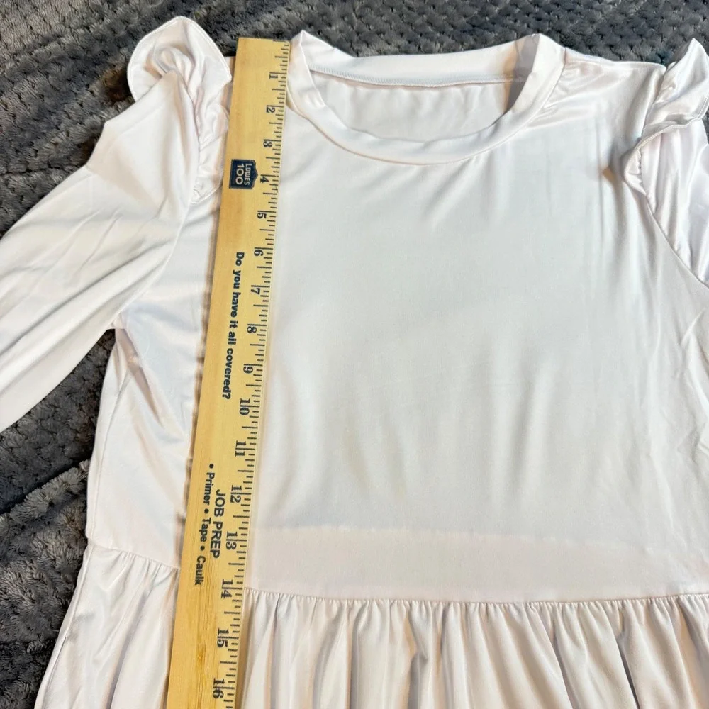 White Long Sleeve Maxi Dress Girls Ruffle Shoulder Elastic Cuff Crew Neck 33in